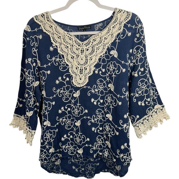 Boho Crochet Lace Peasant Top L Navy Cotton Embroidered Cottagecore Festival - Picture 1 of 7